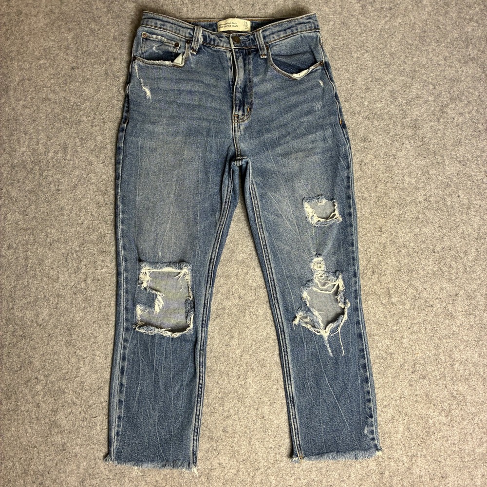Abercrombie & Fitch Mom Jeans Women 26/2S Blue 28x23 Distressed Raw Hem High
